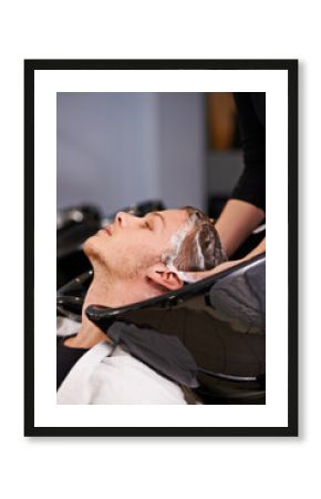 Shampoo washing and man at sink with hairdresser for professional haircare, cut or luxury treatment. Grooming, hair care and client at salon with water, soap and small business with happy service