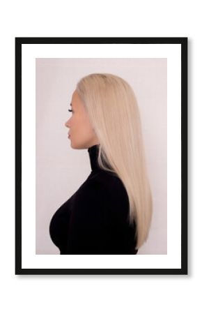 Female back with long, straight, healthy, blonde hair, on hairdressing salon background 