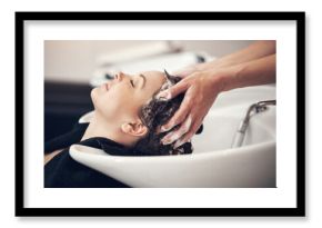 Hands, massage and hairdresser with client in spa, relax and basin for wash and treatment. Soap, salon and hairstyle or cleaning for happy customer person, keratin or scalp shampoo for hair care