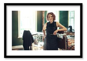 Salon, confidence and portrait of happy woman in barbershop for stylist, hairdresser or small business owner. Smile, about us and female barber in service with tools, pride and professional hair care