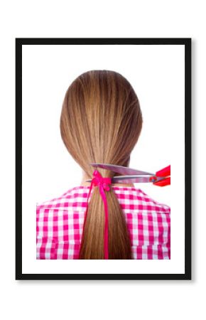 woman with long hair and scissors cutting - back