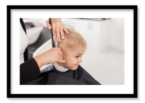 Skilled young female hairstylist is cutting human hair