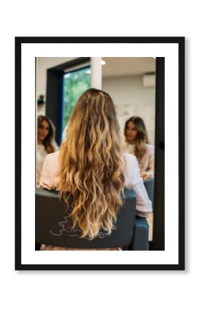 Woman with long hair sitting in a hairdresser
