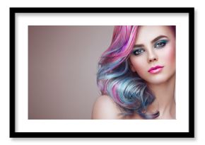 Beauty Fashion Model Girl with Colorful Dyed Hair. Girl with perfect Makeup and Hairstyle. Model with perfect Healthy Dyed Hair. Rainbow Hairstyles