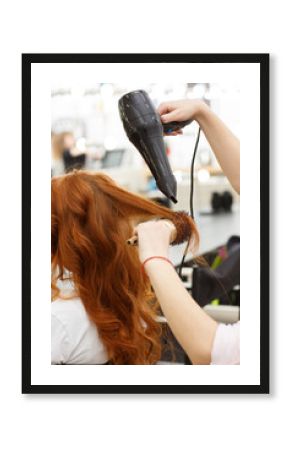 Verticsl cropped shot of a long haired woman getting her beautiful healthy red hair dried by a professional hairdresser at the beauty salon. Cosmetics, beautician, service concept