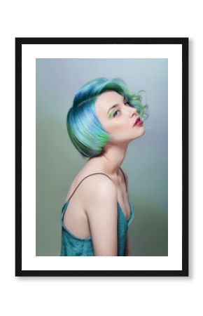 Portrait of a woman with bright colored flying hair, all shades of blue purple. Hair coloring, beautiful lips and makeup. Hair fluttering in the wind. Sexy girl with short  hair. Professional coloring