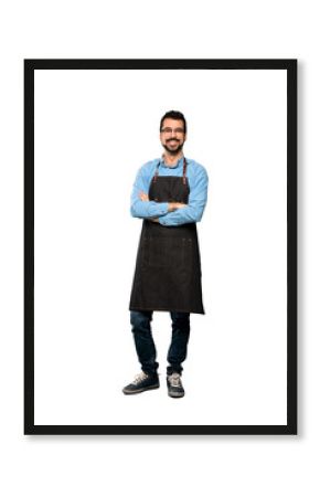 Full-length shot of Man with apron with glasses and happy over isolated white background