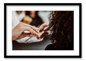 Beautiful latin woman with short curly brown hair getting a treat at the hairdresser. Latin hairdresser working her afro hair. Lifestyle.Close up