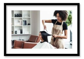 Young black hairdresser cutting hair of female customer at salon
