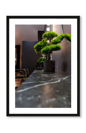 Close up of the detail of interior of a modern hair salon: black marble desk 
