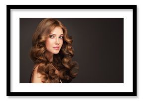 Brunette  girl with long  and   shiny wavy  hair .  Beautiful  model woman with curly hairstyle . Beauty and cosmetology