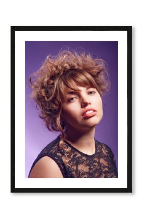 Sensual Winsome Caucasian Blond Woman with Curly Stylish Hair and Plumpy Lips As Hairdresser Makeup Concepts