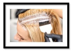 The hairdresser dyeing blonde hair roots with a brush for a young woman in a hair salon