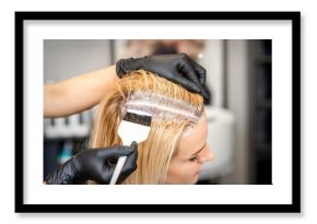 The hairdresser dyeing blonde hair roots with a brush for a young woman in a hair salon