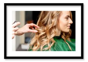 Side view of female hairdresser using hairspray fixing client's female hair in a hair salon