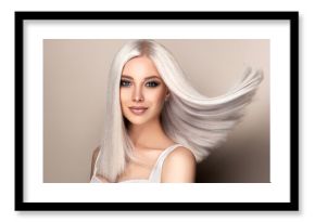 Beautiful girl with hair coloring in ultra blond. Stylish hairstyle done in a beauty salon. Fashion, cosmetics and makeup