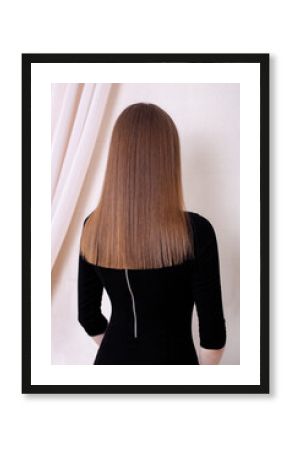 Female back with long straight healthy brunette hair in hairdressing salon