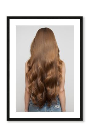 Portrait of a beautiful girl with luxurious curly long hair. White background. Back view.