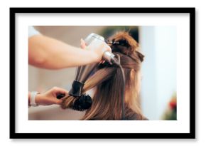 Woman Having her Hair Straighten with a Brush and a Hair Dryer. Hairdresser drying clients hair working with professional tools 