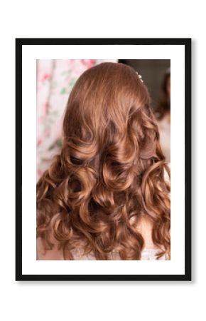  Female back with long curly blonde hair in hairdressing salon with copy space