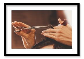 Barber shop concept, male hairdresser cutting hair with scissors, brown tinting vintage color