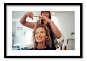 Hair, hairdresser or senior customer at salon studio for spa hair care, beauty work or hair salon service. Beautician girl, designer hair stylist or small business owner with client woman for haircut