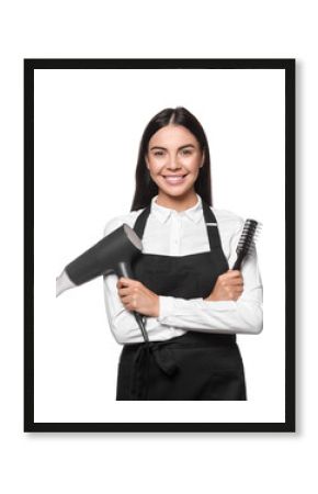 Portrait of happy hairdresser with hairdryer and vent brush on white background