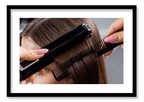 beauty profession, straightening hair, hairdresser brushing and styling short brunette hair of woman, hair smoothing, professional, beauty salon work, salon beauty tools, hair salon, cropped, banner