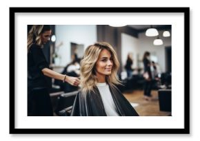 a beautiful blonde model woman in the hairdresser salon gets a new haircut, dyes her hair and style it. sitting on the chair and talks to the hairstylist. Generative AI