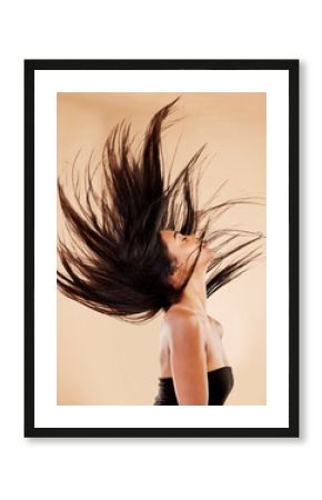 Woman, hair in air and beauty with cosmetics, keratin treatment and shine isolated on studio background. Female model profile, wind and haircare with cosmetology, Brazilian and texture with growth