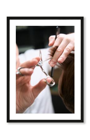 Photo of scissors cutting hair of client indoors