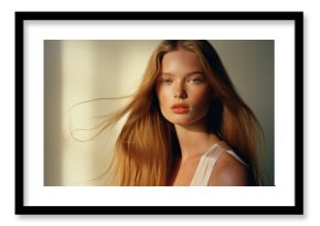 portrait of a woman/model/book character in a close up with long blonde red hair in a fashion/beauty editorial advertisement magazine style film photography look - generative ai art