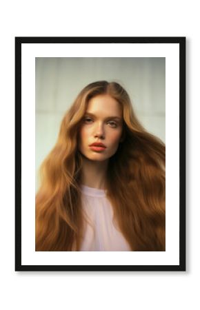 portrait of a woman/model/book character in a close up with long blonde red hair in a fashion/beauty editorial advertisement magazine style film photography look - generative ai art