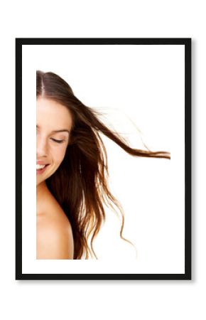 Hair care, woman and beauty with smile in studio with cosmetics, collagen and healthy texture. Person, face or eyes closed for shampoo glow, shine or results on white background with beauty treatment
