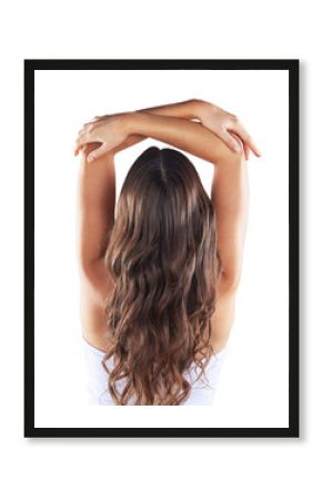 Beauty, hair and back of woman for hairdresser on isolated, png and transparent background for growth. Haircare, salon and person with curl hairstyle for healthy texture, keratin shine and cosmetics