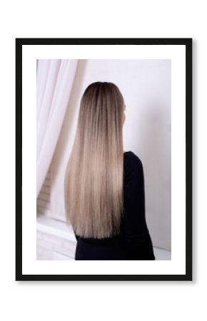  Female back with long straight natural blonde hair in hairdressing salon 