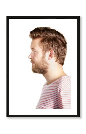 Face profile, hair and beard with man in studio isolated on white background for masculine grooming. Beauty, model and haircare with young person at barber or hairdresser for hygiene or self care