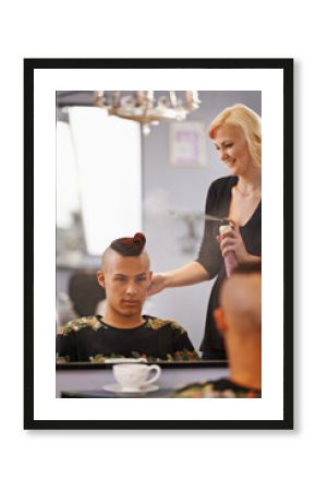 Spray, styling and man in mirror with hairdresser for professional haircare, cut or luxury treatment. Grooming, hair and client at salon for care, unique haircut and small business with happy service