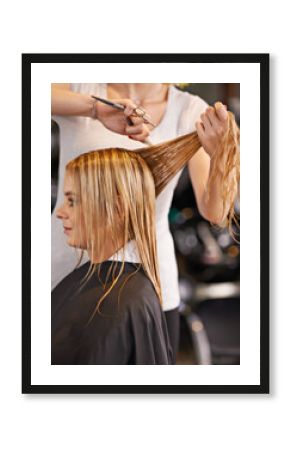 Beauty, hair and people at hairdresser with scissors for haircut, styling and maintenance for haircare. Grooming, cosmetic treatment and stylist at professional salon with client, pamper and makeover