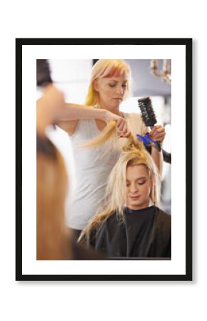Hairdresser, salon and haircut for female client, comb and clip for hair dry during appointment. Service, beautician and haircare from stylist at small business, beauty spa and hairstylist career