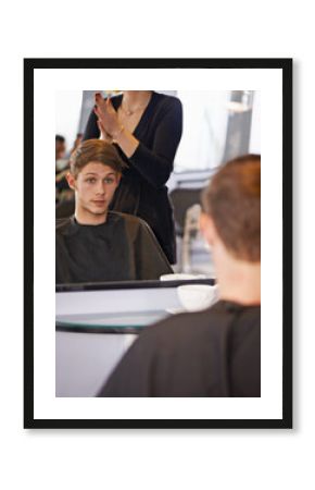 Confident, man and female hairdresser in salon for grooming, styling and haircut. Woman, beauty shop and male customer in chair for treatment, blow out or conditioning looking at reflection in mirror