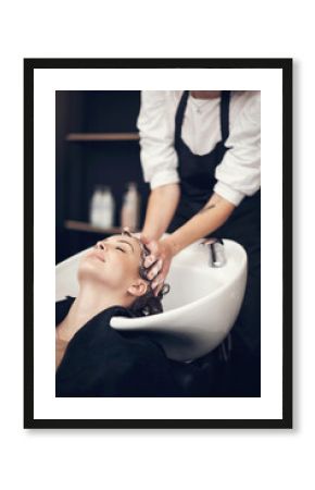 Soap, massage and hairdresser with client in spa, relax and basin for wash and treatment. Hands, salon and hairstyle or balayage dye for happy customer person, keratin or scalp shampoo for hair care