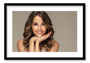 Beautiful woman in profile  with long  and   shiny wavy  hair .  Beauty  model girl with curly hairstyle .  Presenting your product. Expressive facial expressions