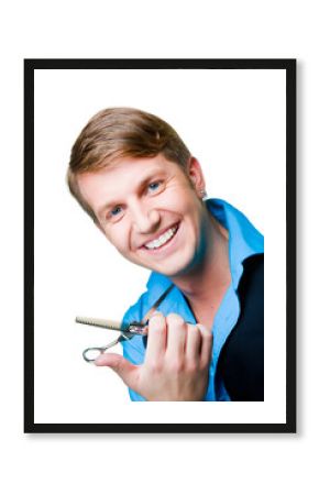 hairdresser man with scissors on isolated white background.