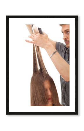 Professional hairdresser with long hair model, isolated on white