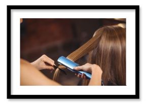 Female hairdresser straightening the hair of a client