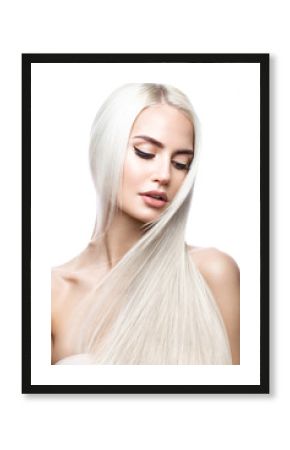 Beautiful blond girl in move with a perfectly smooth hair, and classic make-up. Beauty face. Picture taken in the studio.