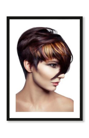Fashion portrait of a beautiful girl with colored dyed hair, professional short hair coloring. isolated on white background. studio shot..