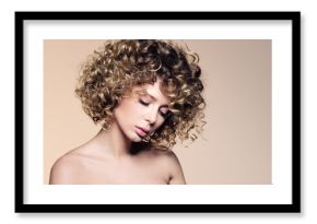 Beauty portrait of beautiful young woman with closed eyes. Hairstyle with curly hair. Professional make-up, delicate clean skin