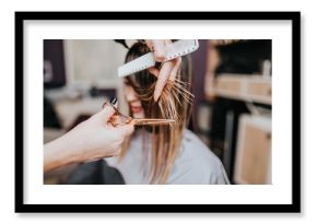 Beautiful young woman getting her haircut by a hairstylist at a beauty salon.